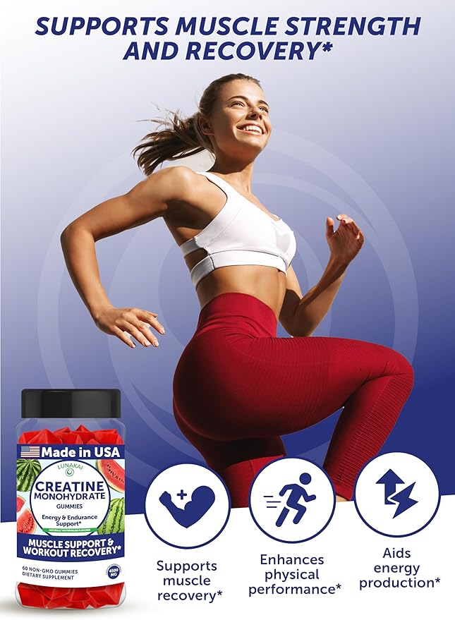 Lunakai USA Made Creatine Monohydrate Gummies for Women &amp Men ? Vegan Creatine Gummies for Muscle &amp Recovery Support ? Pre Workout Supplement 60ct