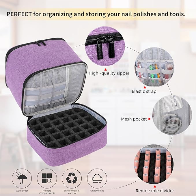 Travel Nail Polish Organizer Holds 30 Bottles (15ml) Double-layer Nail Polish Carrying Case Large Capacity Portable Storage Bag for Nail Varnish and Manicure Set