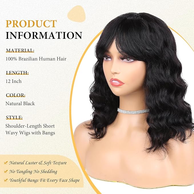 WIGNEE 100% Virgin Human Hair Loose Deep Wave Wigs with Bangs Brazilian Human Hair Wave Wig for Women Natural Black (12 Inch)