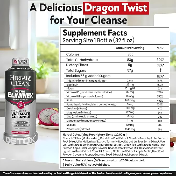 Herbal Clean Same Day Ultra Eliminex Detox Cleanse Drink* (32 fl oz) - Dragon Fruit Flavor Full Body Cleanse Detox Drink with Milk Thistle Seed* for high Toxin* Vitamin B12 for Men &amp Women