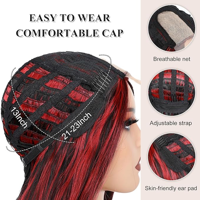 FAVE Red and Black Wig Long Synthetic Red Wig Natural Wavy Wig for Black Women Dark Red Wig for Daily Part Use 28IN(Red Highlight)