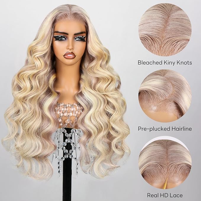 10/613 Lace Front Wigs Human Hair 5x6 Wear and Go Glueless Wigs Human Hair 240% Density Highlight Closure Wigs New Body Wave Wig Pre Cut Lace Bleached Knots (20inch 5X6 New Body Wave)