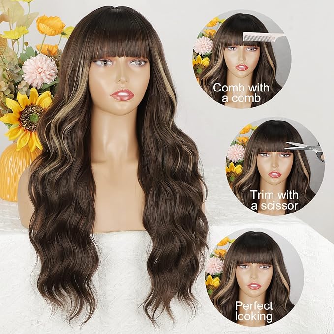 Lativ Brown Wig With Bangs Long Wavy Brown Hightlight Wigs Natural Curly Synthetic Wig for Women Daily Party Use 26 Inches