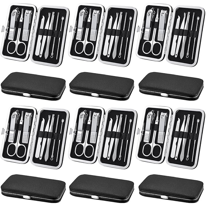 Geosar 12 Sets Manicure Set Nail Clippers Pedicure Kit 8 in 1 Grooming Stainless Steel Kits Nail Care Tools with Travel Case Xmas Gifts Christmas Stocking Stuffers for Men Women(Black)