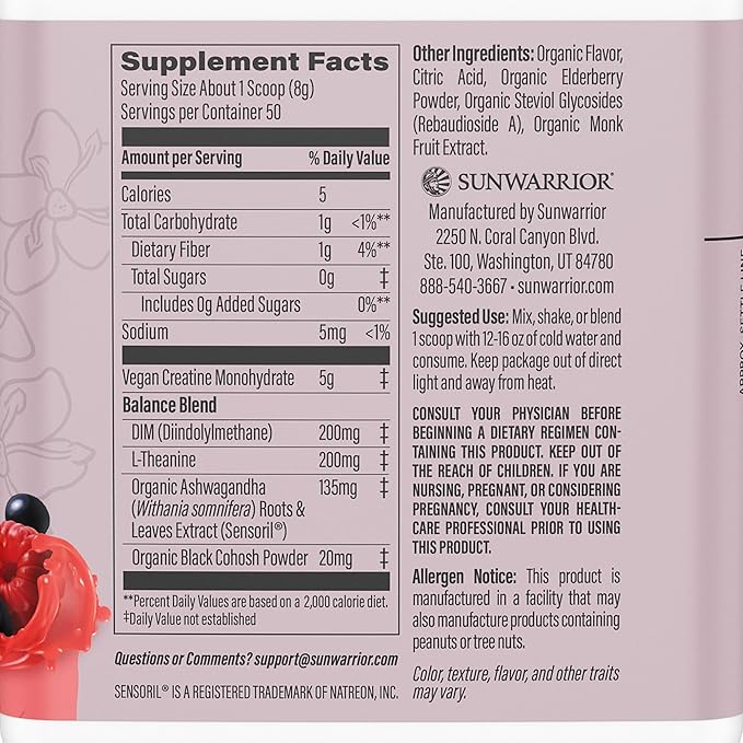 Sunwarrior Creatine for Women Monohydrate Powder Micronized Pre Workout Recovery Supplement Support Muscle Building Strength Training Cognition | Vegan and Easily Mixes 50 Servings Raspberry Lemonade