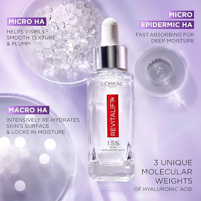 L'Oreal Paris Revitalift 1.5% Pure Hyaluronic Acid Serum for Face Anti Aging Serum to Hydrate Skin &amp Reduce Wrinkles Fragrance Free Skin Care for All Skin Types 1 Oz