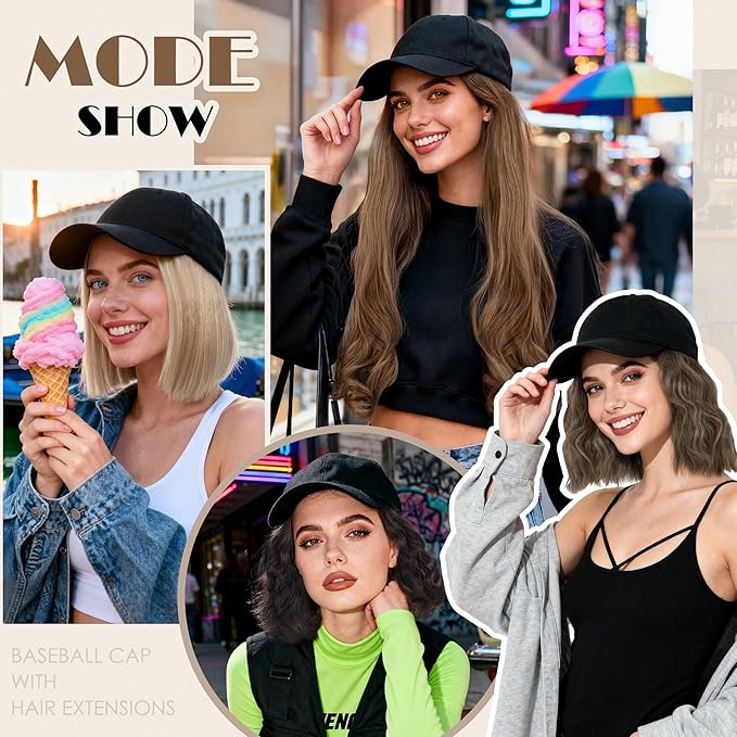 S-noilite Hat Wig for Women Black Baseball Cap Wig with Short BOB Hair Attached Adjustable Hat Wigs Synthetic Hair Extensions Ash Brown Highlighted Blonde