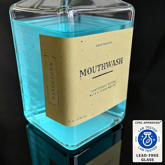 eBun 37oz Glass Mouthwash Dispenser for Bathroom Mouthwash Dispenser Pump Mouth Wash Container with Reusable Cup Mouth Wash Bottle Countertop Kitchen Sink Dish Liquid Soap Holder Set (Black)