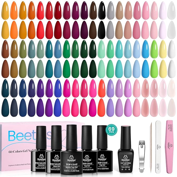 Beetles Winter Gel Nail Polish Set - Emotional Spectrum 69PCS 60 Colors Gel Polish Kit Base Coat Glossy &amp Matte Top Coat UV Led Soak off Collection Brown Red Black Nude White Christmas Gifts for W