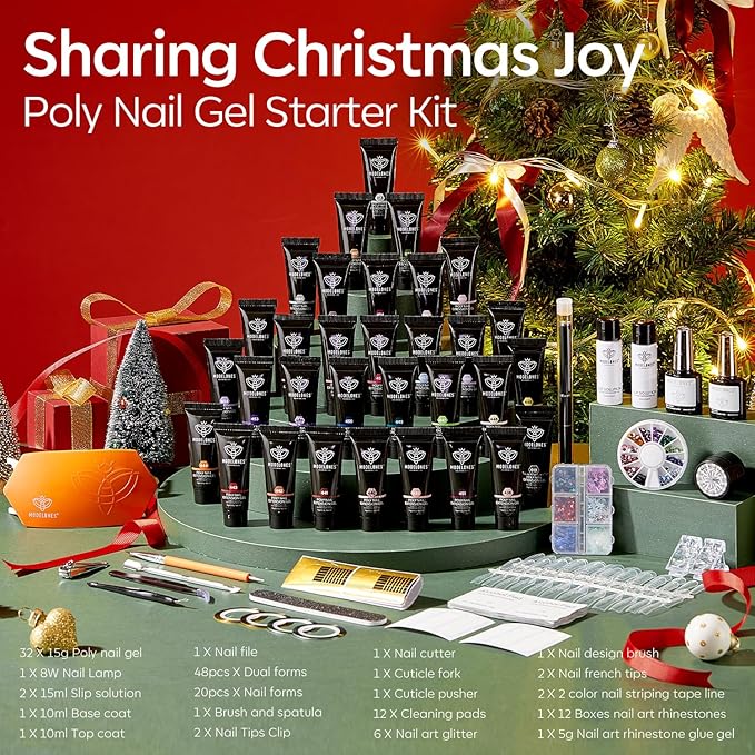 Modelones 133pcs Poly Extension Gel Nail Kit 32 Colors All Seasons Poly Gel kit with Nail Lamp Slip Solution Builder Thickening Manicure Tools for Starter Salon DIY