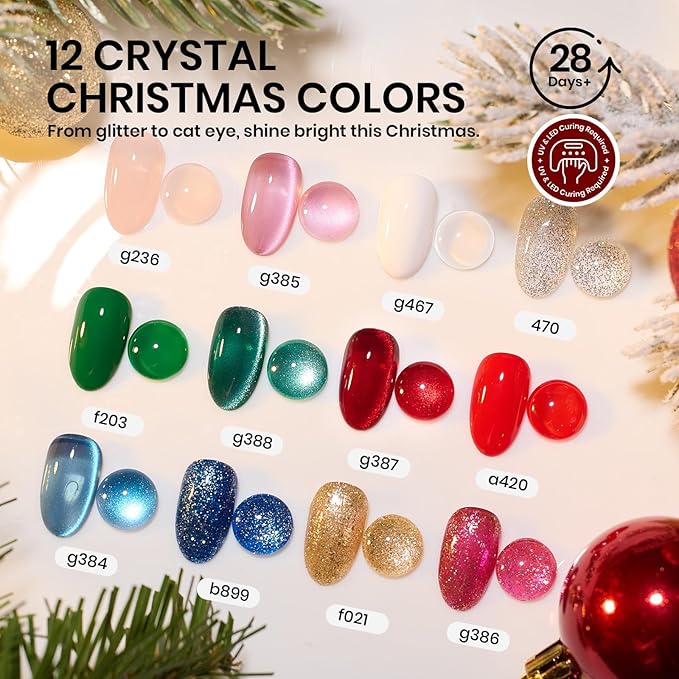 Beetles 67Pcs Gel Nail Kit Crystal Christmas Gifts for Women Teen Girls - 12 Colors Cat Eye Red Glitter Gel Polish Kit with U V Light &amp Nails Stand Acrylic Holder Display Nails Stuff Manicure Set