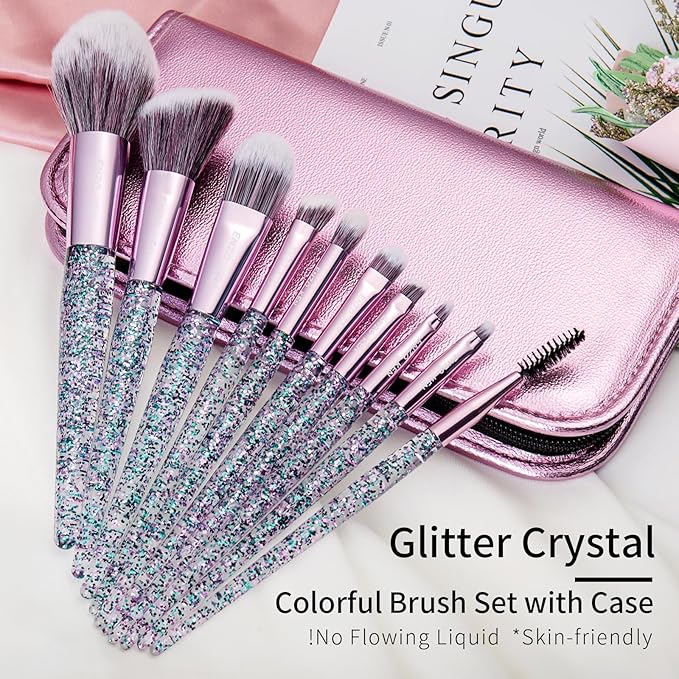Glitter Makeup Brushes Set with Case Vegan Makeup Brush Set Professional Colorful Cosmetic Brushes Makeup Set Make up Brush Vegan Make up Brushes Set Professional Makeup Brush Set Vegan