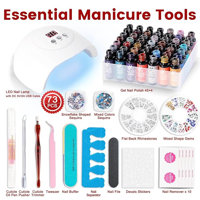 Lavender Violets 73 Pcs Gel Nail Polish Kit with U V Light 45 Colors with Nail PrimerBuilder BaseMatte &amp Glossy Top Coat Soak Off Manicure Tools Gifts for Women LA06