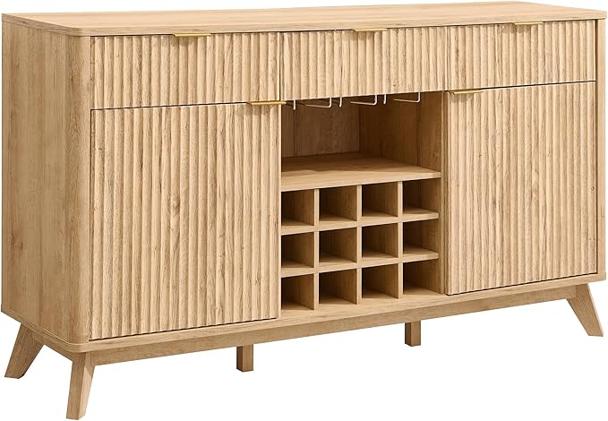OKD 60 Fluted Buffet Cabinet with Storage - 3 Drawers and 2 Doors Mordern Wine &amp Coffee Bar Cabinet with Wine and Glass Racks Sideboard with Adjustable Shelves for Kitchen Dining RoomNatural