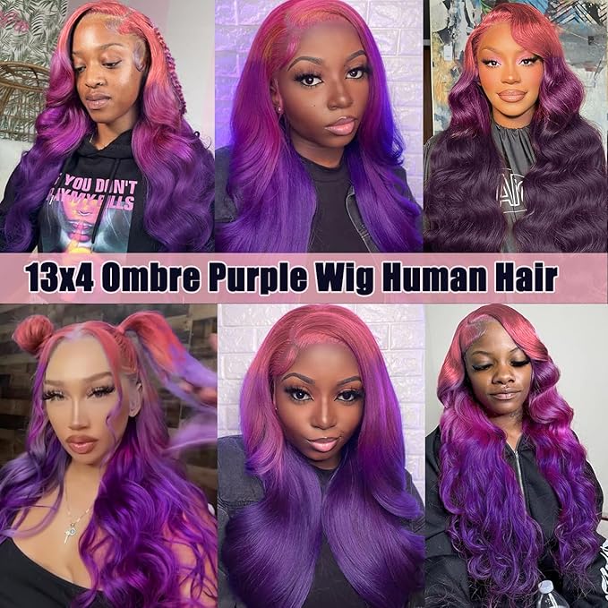 Dark Purple Ombre 13x4 HD Lace Front Wigs Human Hair Body Wave 3 Tone Pink to Purple Glueless Wigs Pink Root Rainbow Colored 180% Density 28 Inch