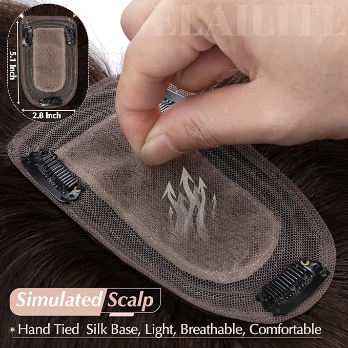 Elailite Hair Toppers for Women Real Human Hair Topper with Bangs Thinning Thin 5.1x2.8 Silk Base Clip in Remy Hairpieces 10 Inch Dark Brown