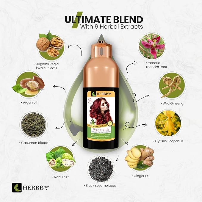 HERBBY Hair Color Shampoo for Gray Hair Coverage&ampColor Transform with 9 Herbal Extracts ?Long Lasting(6-8 Weeks)ShinyEvenly ColoredInstant Hair Dye Shampoo&ampConditioner 500 Ml (WINE RED COL