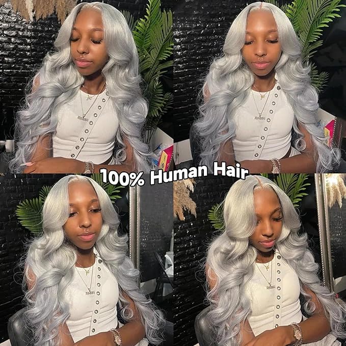Grey Lace Front Wigs Human Hair 180% Density 13x4 HD Transparent Lace Frontal Wig Real Human Hair Pre Plucked Bleached Knots Gray Silver Color Brazilian Virgin Glueless Wigs for Black Women 20 Inch