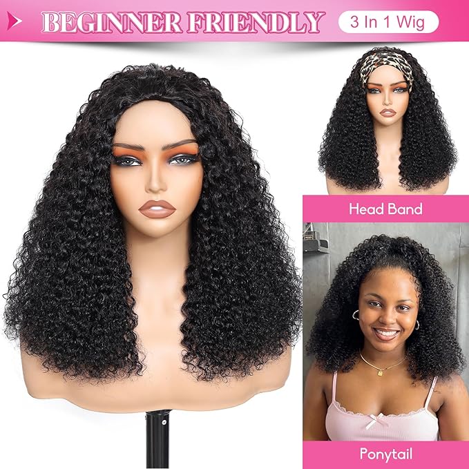 Myecool Curly Half Wig Human Hair 200 Density Glueless Wear and Go Wigs Human Hair 22 Inch 3 In 1 Half Wigs for Women Drawstring Seamless Flip Over Beginner Friendly