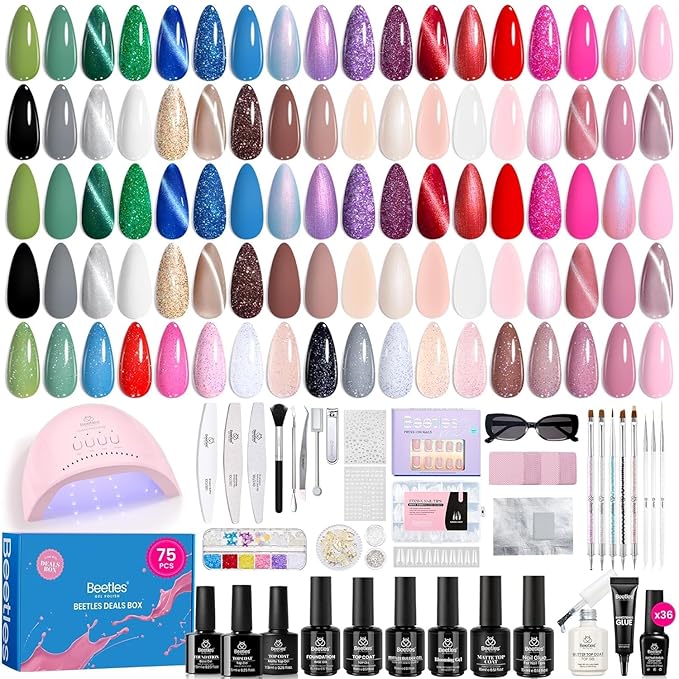 Beetles Gel Nail Polish Kit with U V Light - Gift Box Wild Gleam Collection 36 Colors Nail Polish Kit 75 Pcs for Women Girls Gel &amp Top Base Coat with Brushes &amp False Nails Tip Must Have Salon
