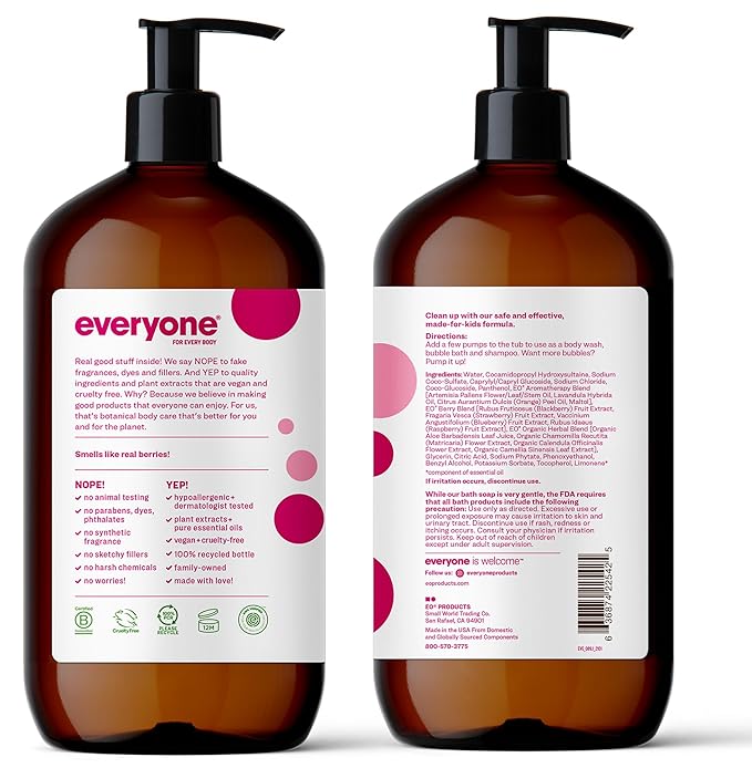 Everyone 3-in-1 Kids Soap Body Wash Bubble Bath Shampoo 32 Ounce (Pack of 2) Berry Blast made with Essential Oils for Toddlers tweens and teens