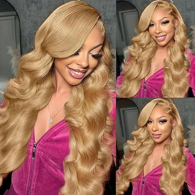 Honey Blonde Body Wave Lace Front Wig Human Hair 13x4 Colored #27 Human Hair Lace Front Wigs 22??Curly HD Transparent Lace Frontal Wigs Pre Plucked Bleached Knots 180% Density Glueless Human Hair Wig