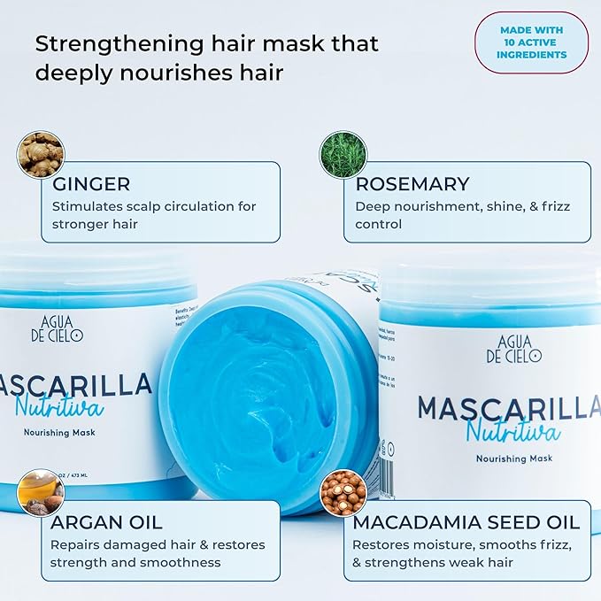Agua de Cielo Nourishing Mask - Hair Mask for Dry Hair Split Ends &amp Strength Deeply Nourishes with Argan Oil Collagen Shea Butter &amp Ginger - 16 Oz