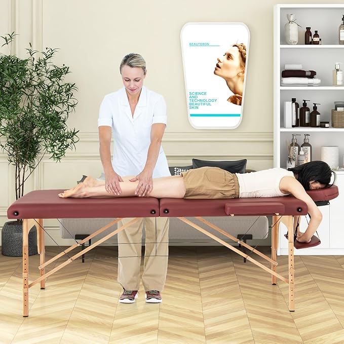 Giantex Massage Table Portable Massage Bed w/Carrying Case 2-Section Salon Spa Facial Care Tattoo Bed Height Adjustable Wood Frame Professional Massage Lash Bed for Eyelash Extension (Red)