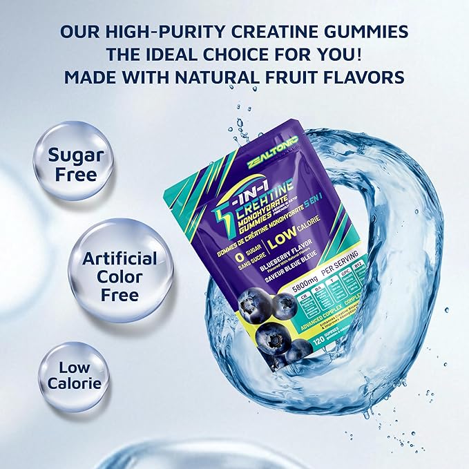 Creatine Monohydrate Gummies 5800mg with Betaine &amp Alpha GPC | 0 Sugar | Pre Workout Energy Booster for Men &amp Women | Muscle Growth &amp Boost Strength &amp Faster Recovery | (120 Blueberry