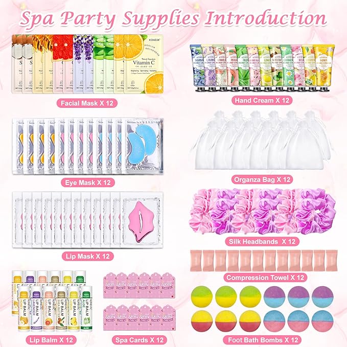 120 PCS Spa Party Supplies for Women Spa Party Favors Include Face Masks Skincare Hand Cream Lip Balm Under Eye Patches Lip Mask and Foot Bath Bombs Spa Birthday Sleepover Party Supplies
