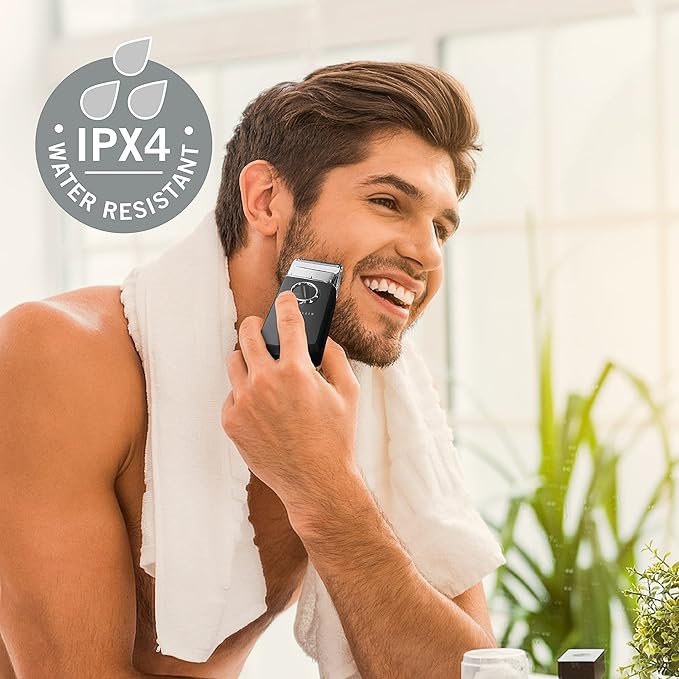 Perry Ellis Travel Electric Shaver Face Shaver for Mustache and Beard Stubble Rechargeable and Water-Resistant Foil Shaver 2 1/2-Hour Battery Capacity Black Silver