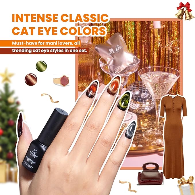 Beetles Cat Eye Gel Nail Polish Set - 20 Colors Christmas Glitter Red Green Blue Brown Black Nude Pink Magnetic Base Matte Glossy Top Coat Galaxy Gemlight Soak Off UV Manicure Salon Gift for Women