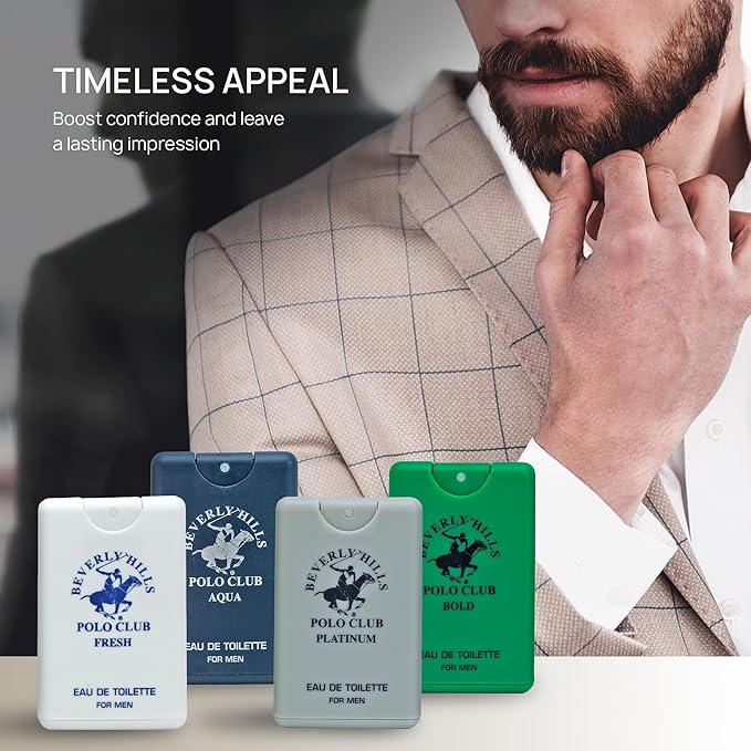 Beverly Hills Polo Club MENS 4PC 20ML POCKET SPRAY - GREEN - CONTAINS FRESH/PLATINUM/BOLD/AQUA