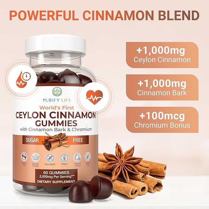 Purify Life Sugar-Free Ceylon Cinnamon Gummies (2000mg/Serving) ? Vegan Gluten-Free Herbal Supplement ? Replace Cinnamon Capsules Pills &amp Powders ? 60 Chews