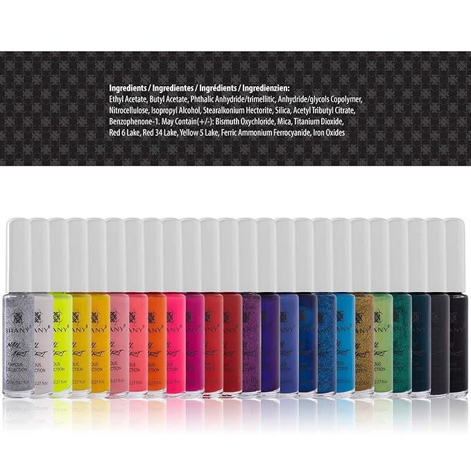 SHANY Nail Art Set Nail Polish - Glitter Metallic Pearls Neon and Matte Nail Polish Nail Art Drawing Decoration Set With Built-in Thin Nail Art Brush - 24 Famous Colors Nail Polish Bulk