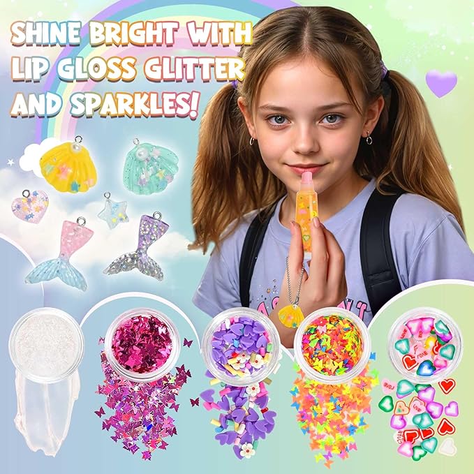 Jcoos Lip Gloss Making Kit - Keychain DIY Lip Gloss Set for Teens Kids DIY Lipgloss Making Kit Make Your Own Lip Gloss Kit Moisturizing Glitter Keychain Kids Gifts Tweens Girls Christmas 10-12