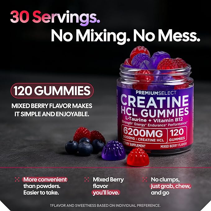Creatine HCL Gummies for Women &amp Men - 120 Gummies 6200mg HCL Creatine Chews Advanced Complex with L-Taurine + Vitamin B12 for Muscle Strength Energy Boost &amp Booty Gain Gummy - Mixed Berry Fl