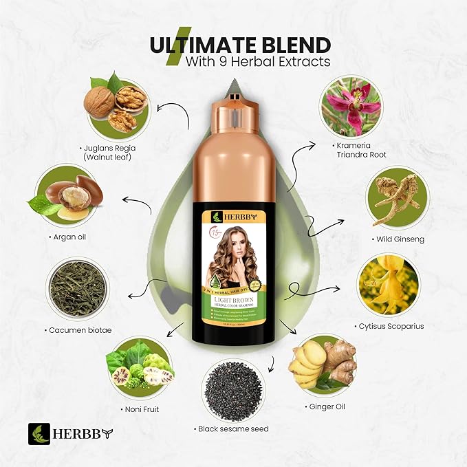 HERBBY Hair Color Shampoo for Gray Hair Coverage&ampColor Transform with 9 Herbal Extracts ?Long Lasting(6-8 Weeks)ShinyEvenly ColoredInstant Hair Dye Shampoo&ampConditioner 500 Ml (LIGHT BROWN