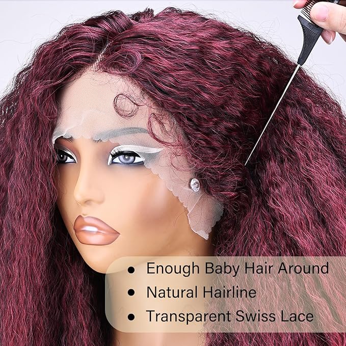 SOKU Crimp to Curl T Part Lace Front Wig Synthetic 20 Inch Red Burgundy Afro Kinky Straight with Curly End Wigs Pre-plucked Transparent Lace with Baby Hair Yaki Straight Wigs for Women