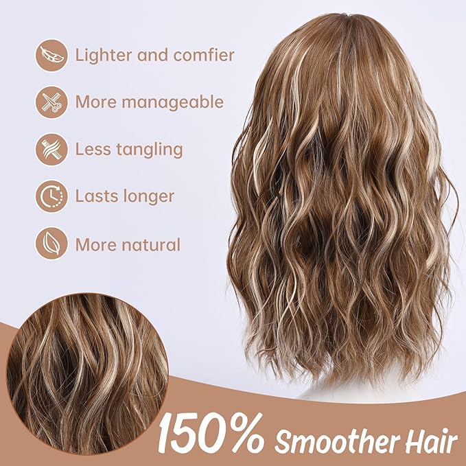 Medium Length Light Brown with Hightlight Wavy Wigs for Women 18 Inch Middle Part Wavy Brown Wig Natural Looking Synthetic Heat Resistant Fiber Wig for Daily Party Halloween (18 inch)