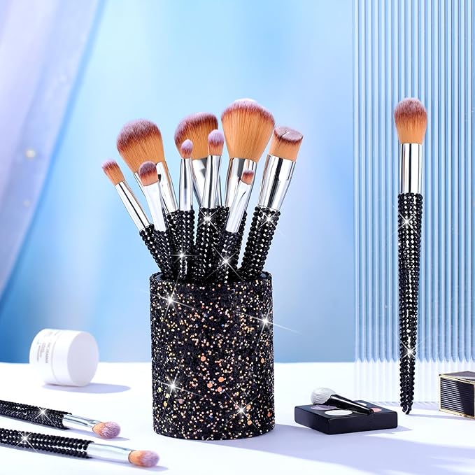 Rtteri 13 Pcs Rhinestone Black Makeup Brushes Set Bling Crystal Professional Face Cosmetics Blending Liquid Foundation Powder Concealer Eye Shadows Make up Beauty Tool Glitter with Holder