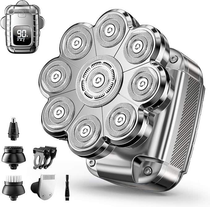 9D Head Shavers for Bald Men 5 in 1 Detachable Head Shaver with LED Display IPX7 Waterproof Wet Dry Rechargeable Electric Shavers for Men Grooming Kit for Home &amp Travel