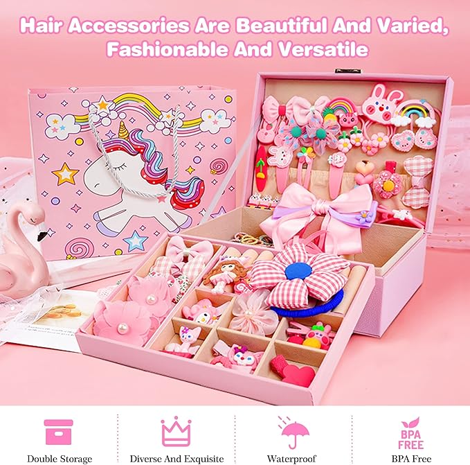 Hair Accessories Set with Jewelry Box - Hair Clips Barrettes Ties Bows for Girls Ages 3-12