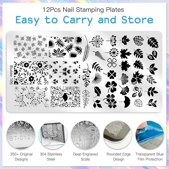 Biutee Nail Stamper Kit 12Pcs Nail Art Stamping Plate 8 Colors Stamp Polish Gel with Top Coat and Base Coat Set Silicone Stamper Scraper Nail Stamp Plates Love Flower Butterfly Leaf Christmas Design