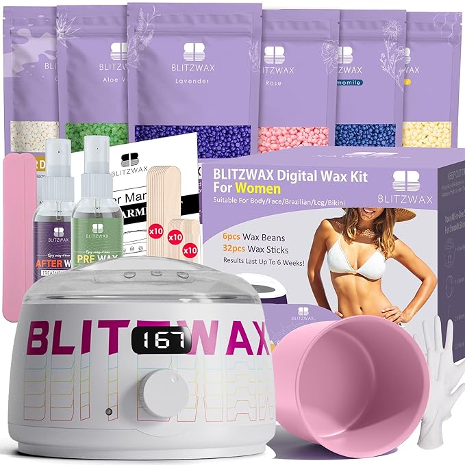 BLITZWAX Brazilian and Bikini Waxing Kit for Women Hard Wax Warmer for Face Legs and Body At Home Hair Removal Kit Beginner Friendly Quick Heating Frost Reverb Digital Wax Pot