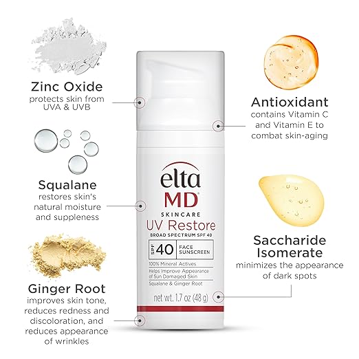 EltaMD UV RestoreFace Sunscreen SPF 40 Mineral Sunscreen for Sun Damaged Skin Repair Anti-Aging Zinc Oxide Sunscreen Formula