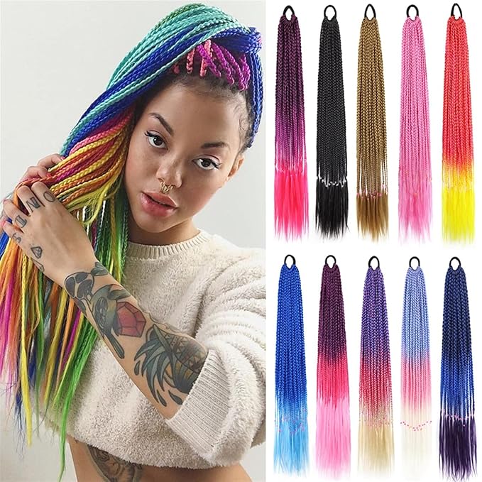 Hair Accessories 24 Inch Braided Ponytail Multicolor Braid Extensions Rainbow Braided Hair Extensions Synthetic Wigs with Elastic Bands Hair Pieces For Women(A1)