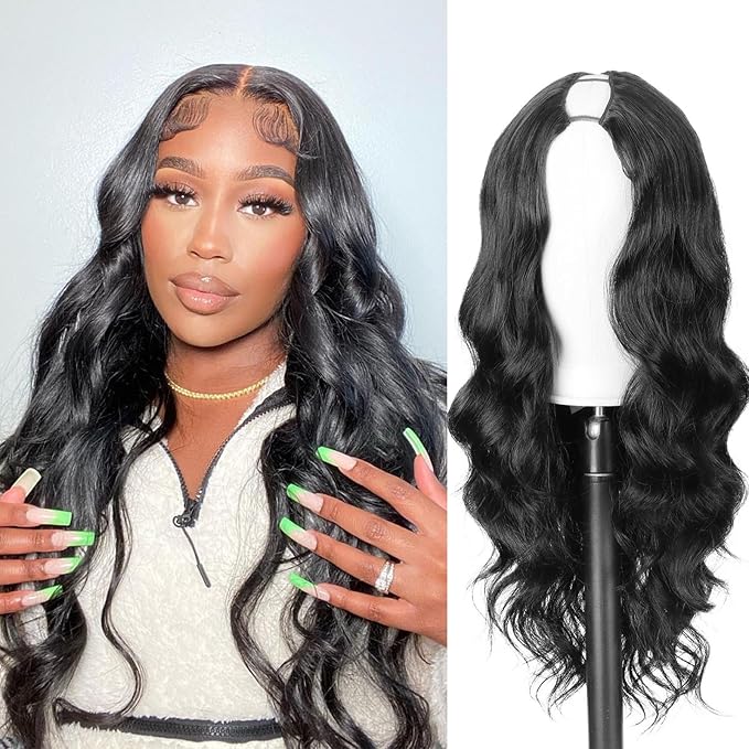 KRSI Black V Part Wig 24 Long Body Wave Synthetic U V Part Half Wigs Glueless Upgrade U Part Wig Glueless Full Head Clip in Hair Extensions for Black Women