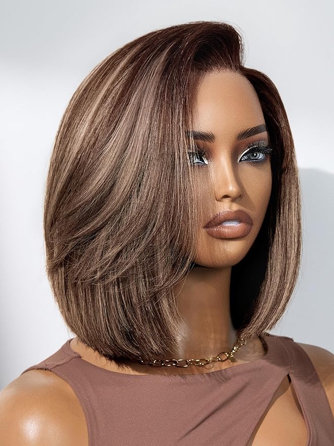 LUVME HAIR Bob Wig 100% Human Hair Wigs Glueless Lace Front 200% Density 12 Inches Mix Highlights Bob Pre Cut Plucked Hd Lace Short Wig Ready To Go Natural Color Straight Bleached Knots Side Part