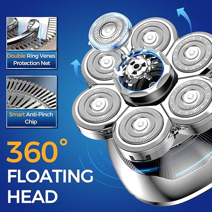 Head Shavers for Bald Men Bald Head Shavers for Men Wet Dry Men's Electric Razor for Face Shaving Waterproof Cordless 7-Blade Shaver for Man Face Rechargeable Grooming Kit Gift for Man Silver
